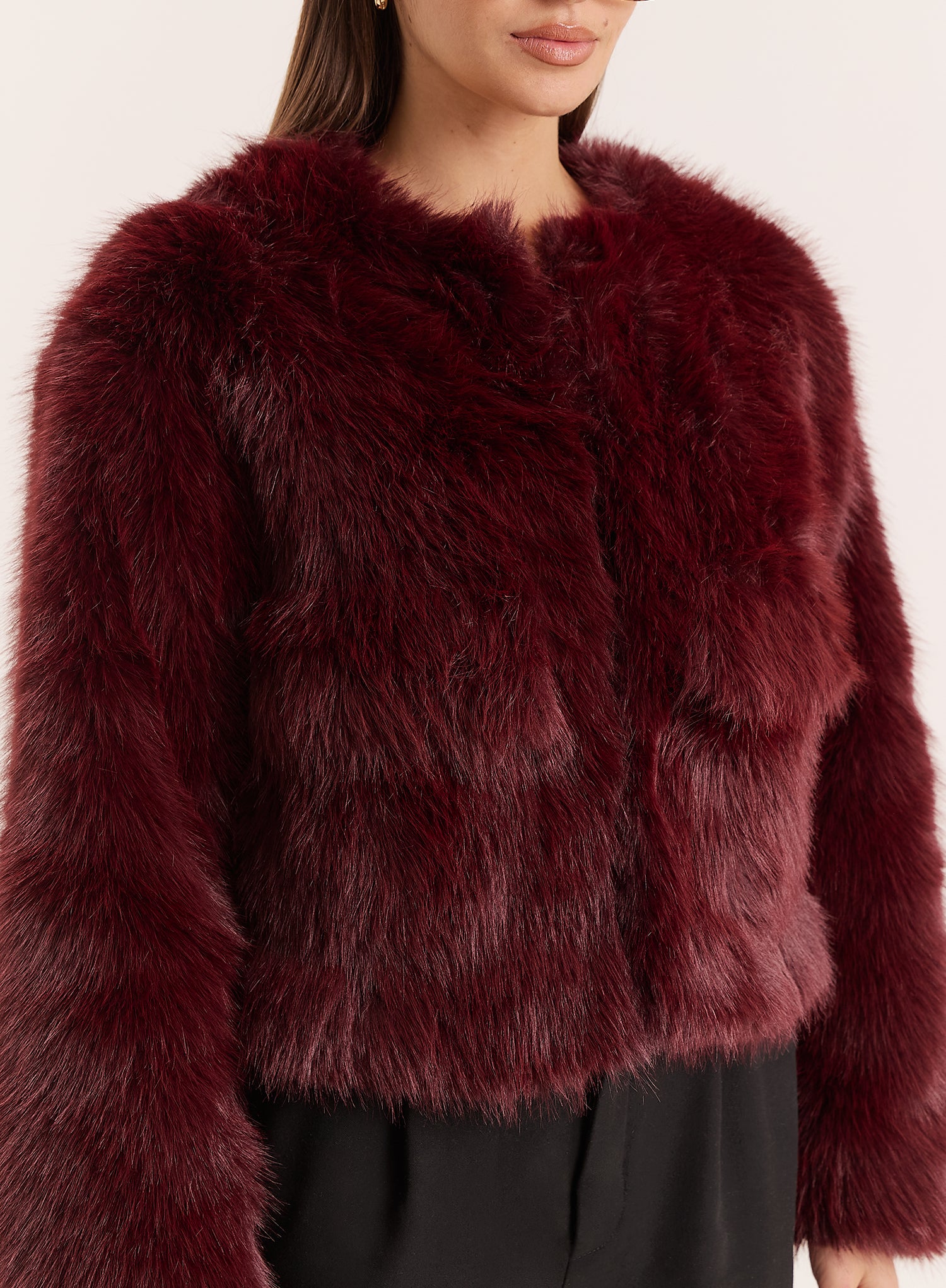 Burgundy Faux Fur Cropped Jacket
